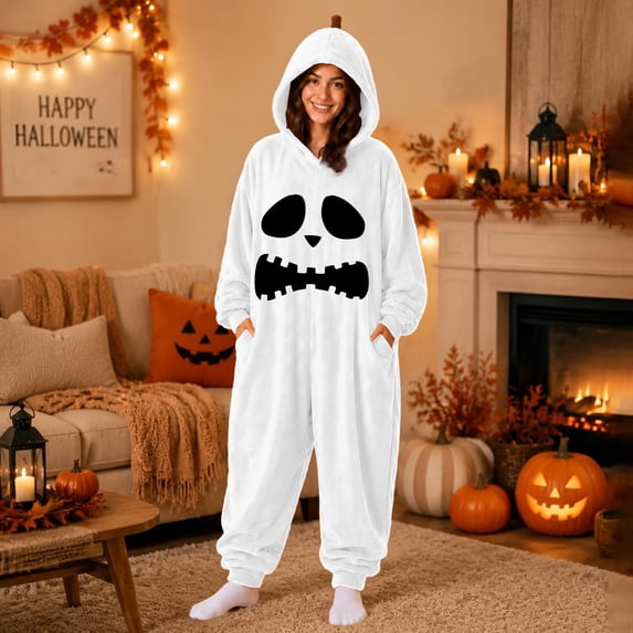 Ruyelune White Pumpkin Onesie Pajamas for Women Hooded Onesie Adults, 2 Way Zip Jumpsuit With Pockets, Drawstring Hoodie One Piece For Casual Jogger Pajamas S