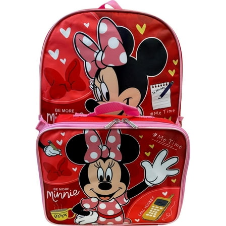 Ruz Group Kid's Licensed 16 Inch Backpack With Removable Lunch Box Set Minnie Mouse Red