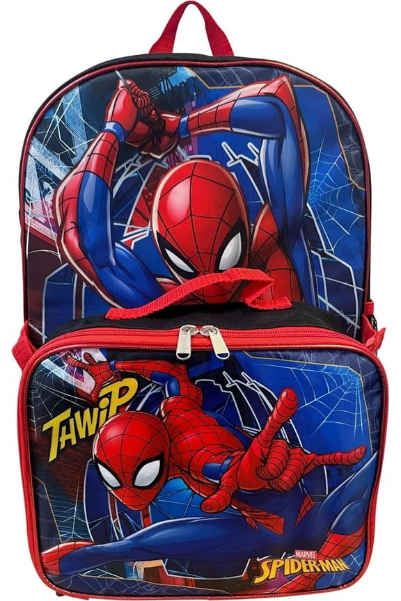 Spiderman Boy's 16 Inch Backpack With Removable Matching Lunch Box Set Black-Red