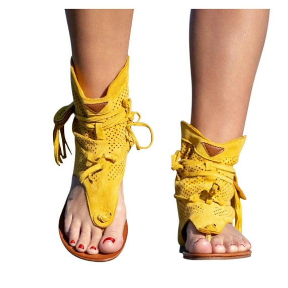 Ruziyoog Beach Sandals for Women Ladies Retro Bohemian Tassel Sandals Roman Beach Shoes Boots Sandals for Women Dressy Summer Yellow Size 10