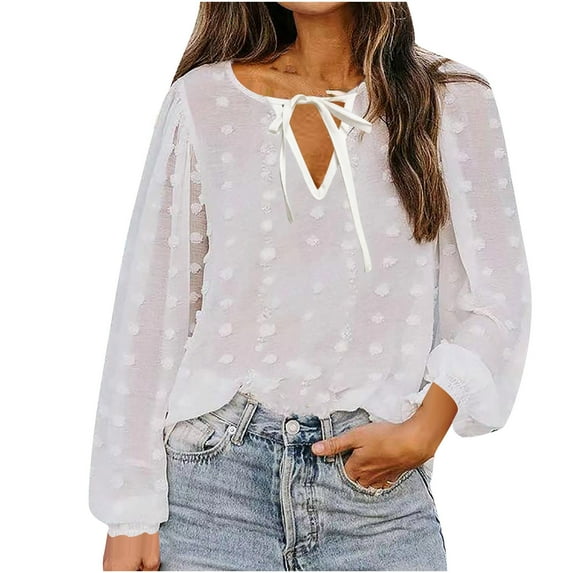 Zpanxa Blouses for Women Fashion Fancy Tops for Women Dressy Tops for Evening Wear Summer Causal Solid Color O-Neck Long Sleeve Splicing Tops for Spring Summer Fall White M