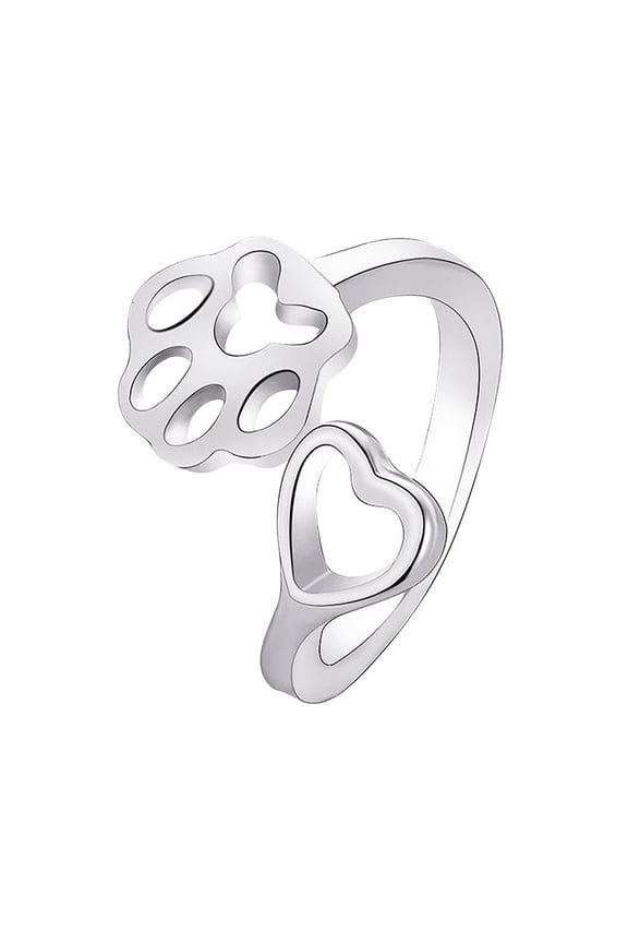 Lovers Paw Print Ring Heart 925 Sterling Silver Adjustable Ring Pet Animal Jewelry Ladies Fashion Paw Ring Creative Hollow Love Dog Paw Opening Love Tail Ring White
