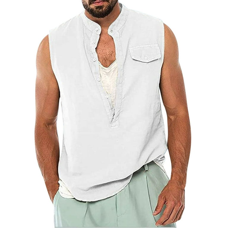 Ruziyoog Men Casual Solid Pullover V Neck Cotton Linen Sleeveless Pocket  Tank Tops White M 