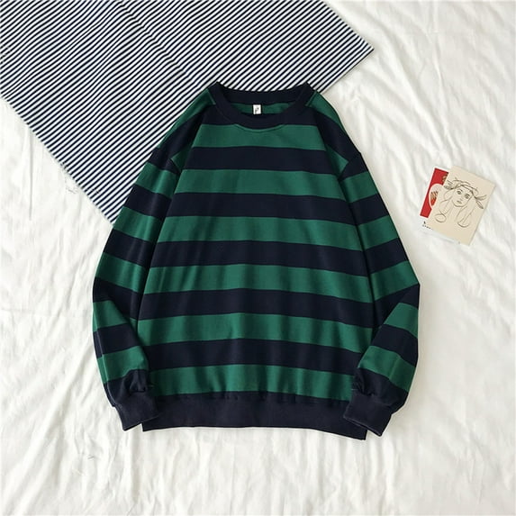 Ruziyoog Men Striped Baggy Long Sleeve Sweatshirt O Neck Lantern Sleeve Pullover Tops Lightweight T Shirt Tees Autumn Spring Army Green M