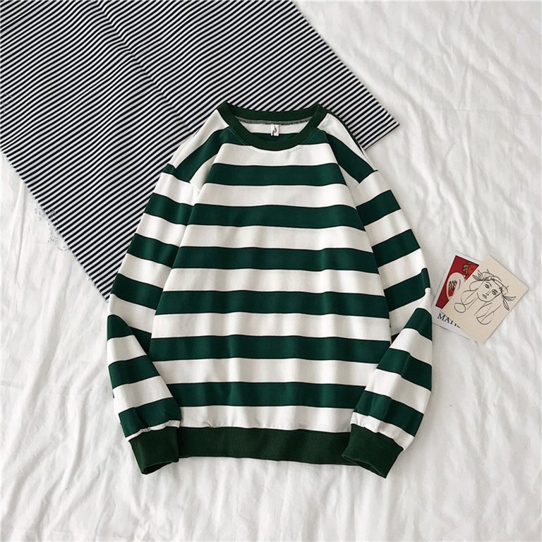 Ruziyoog Men Striped Baggy Long Sleeve Sweatshirt O Neck Lantern