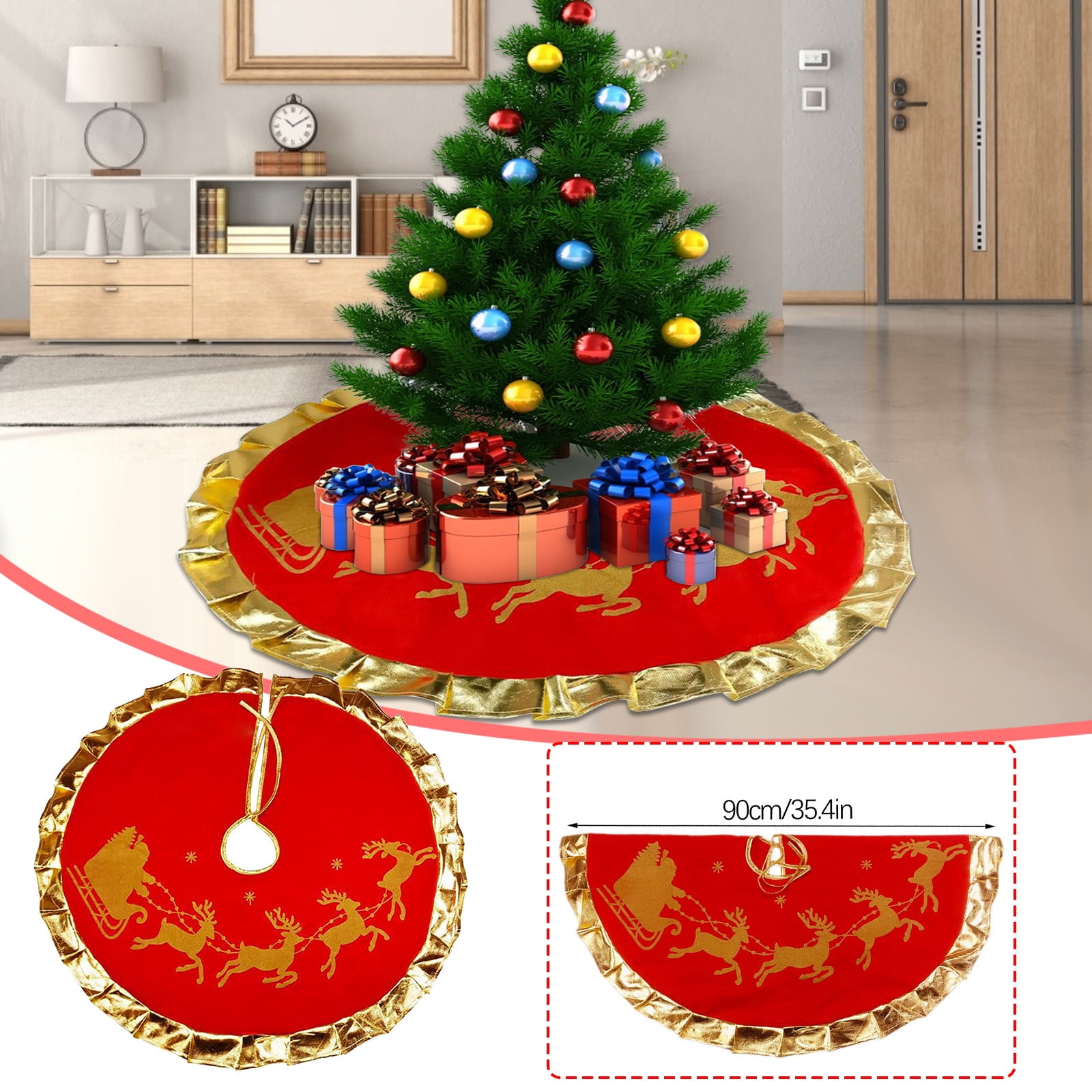 Ruziyoog Red Christmas Tree Skirt with Golden Ruffle Edge New Year