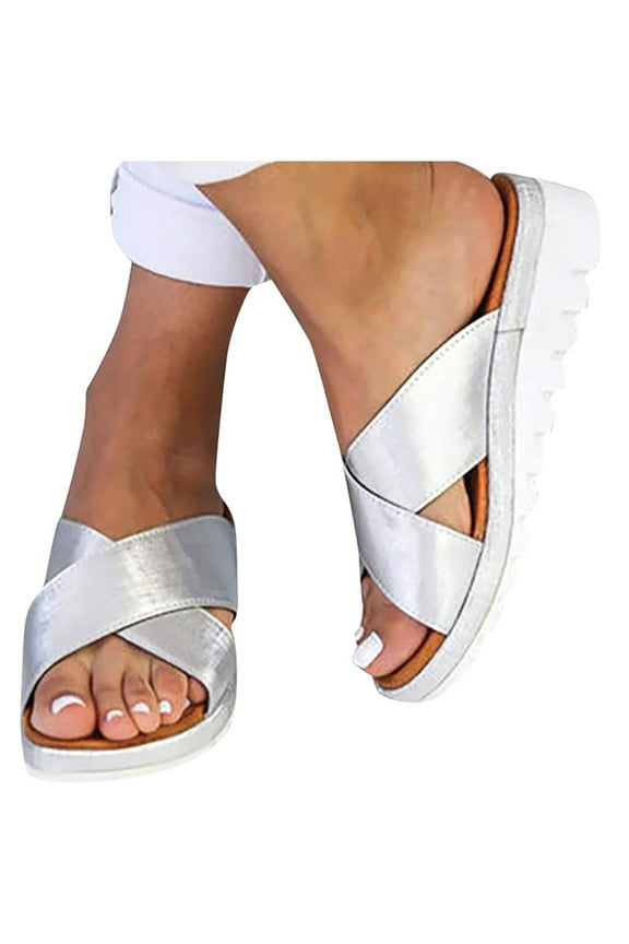 Sandals for Women Casual Summer Ladies Dressy Comfy Platform Casual Shoes Summer Beach Travel Slipper Flip Flops Silver Size 8