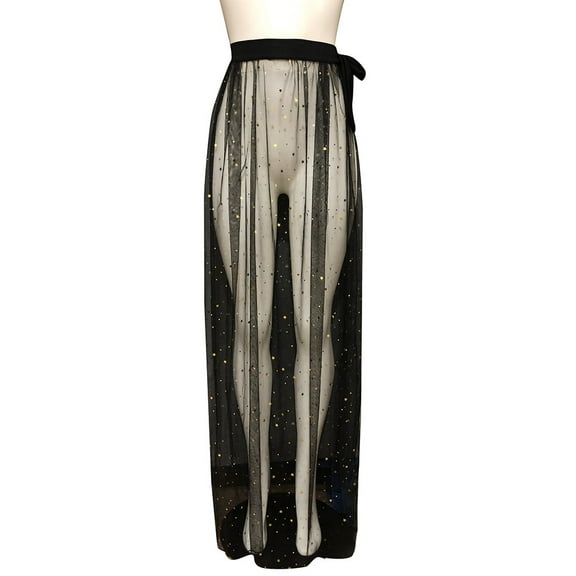 Ruziyoog Summer Beach Skirt Swimsuit Bikini Cover ups for Women Sequins High Waisted Bohemian Maxi Skirts Sheer Mesh Lace Side Slit Skirts Black L