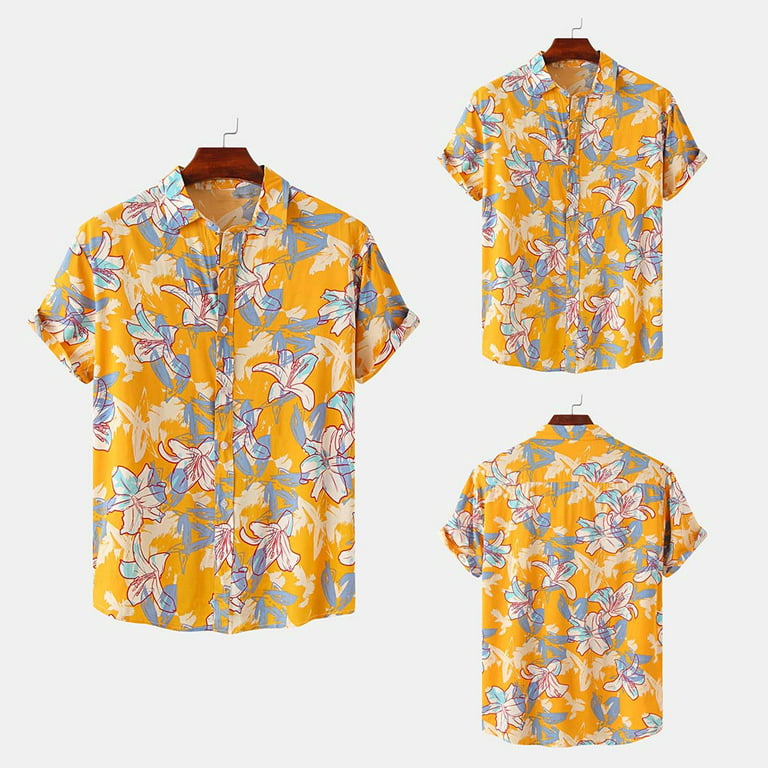 Ruziyoog Summer Short-Sleeved Men Flower Shirt Short-Sleeved Trendy  Personalized Casual Floral Button Down Hawaiian Shirt 100% Cotton Yellow M  