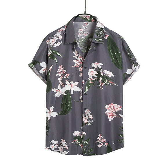 Ruziyoog Summer short-sleeved men flower shirt short-sleeved trendy personalized casual floral button down Hawaiian shirt 100% cotton Gray M
