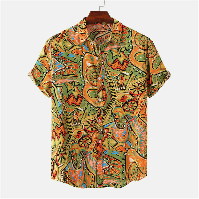 Ruziyoog Summer short-sleeved men flower shirt short-sleeved trendy  personalized casual floral button down Hawaiian shirt 100% cotton Yellow  XXXL 