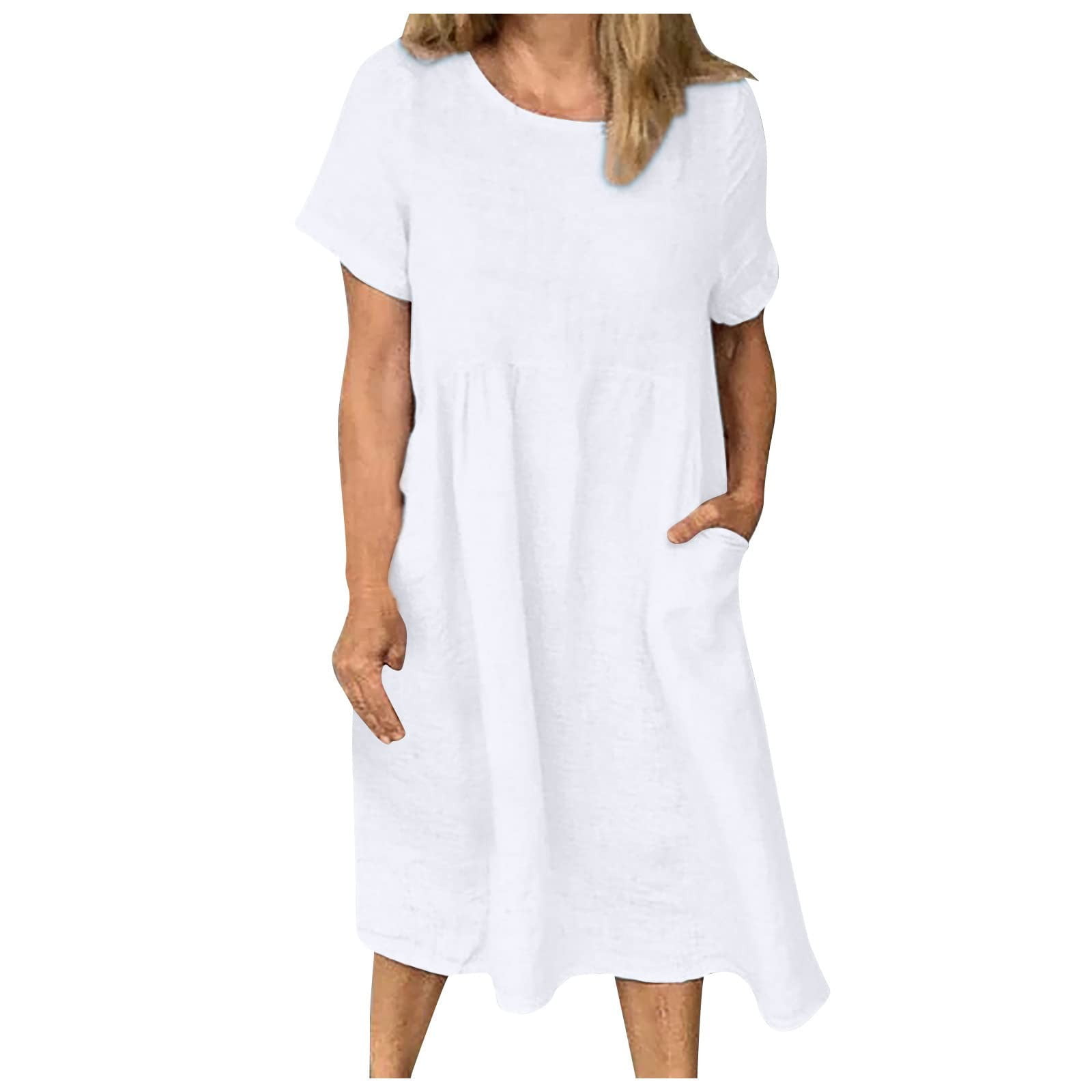 Ruziyoog White Dress for Women, Short Sleeve Round-Neck with Pocket  Sundresses, Vintage Cotton Linen Long Dress, Loose Casual Retro Beach Dress  S 