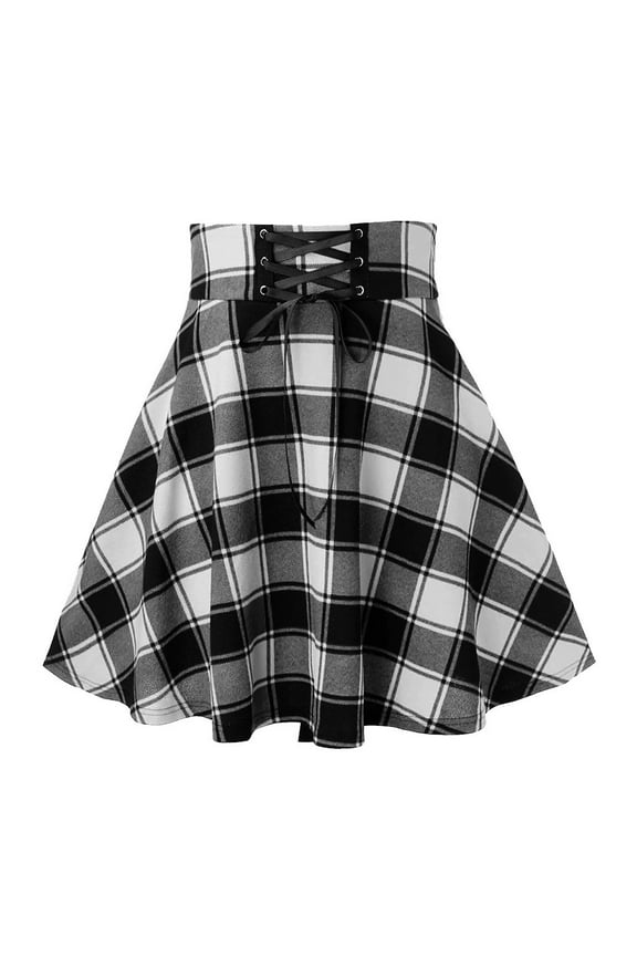 Women A-line Mini Lattice Printing Skirts Goth Wool Blend Plaid Pleated Skirt Side Zipper Fashion Casual Splicing Frenulum Skirt White S