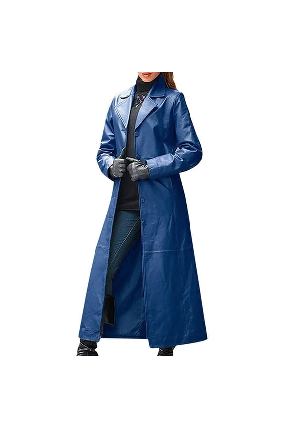 Zpanxa Women's Genuine Leather Trench Coat Women's Fashion Autumn And Winter Solid Long Leather Coat Imitation Leather Windbreaker Coat Navy 3XL