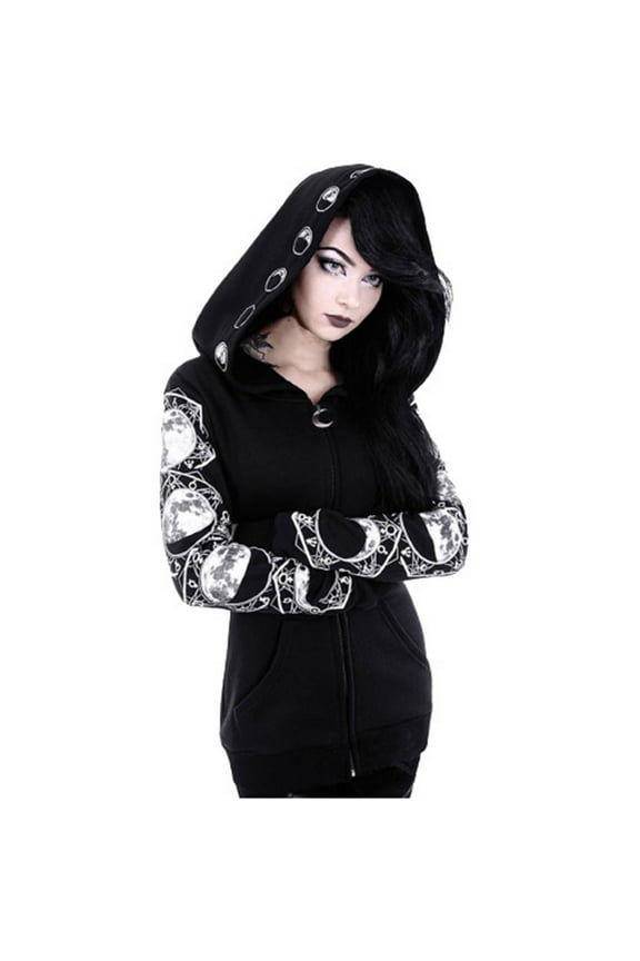 Women Loose Gothic Punk Hoodies with Pockets Long Sleeve Hoodie with Moon Eclipse Printed Halloween Black Sweatshirt Zipper Jacket Coat Black S