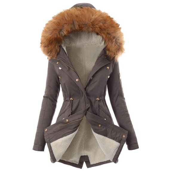 Winter Clearance Deals PITAUCE Women's Winter Zipper Fleece Lined Hooded Jacket,Fur Trimmed Hood Jacket Thick Fleece Coats Warm Long Sleeve Jacket Gray XL