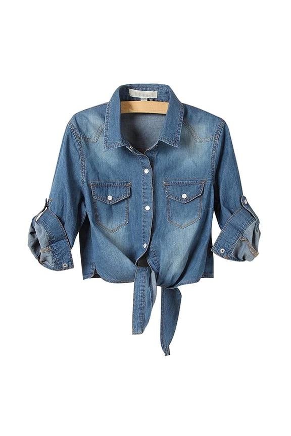 Women's Casual 3/4 Sleeve Button Down Crop Jean Top Knot Tie Denim Shirt Jacket Blue L