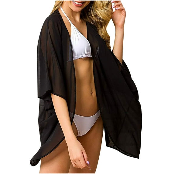 Ruziyoog Womens Floral Print Sheer Chiffon Loose Kimono Cardigan Capes Women Print Chiffon Beach Cardigan Blouse Shawl Loose Tops Outwear Black M