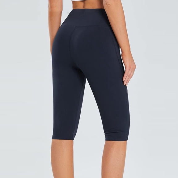 Ruziyoog Yoga Pants Women Knee Length Leggings High Waisted Yoga Workout Exercise Capris for Casual Summer with Pockets Navy L