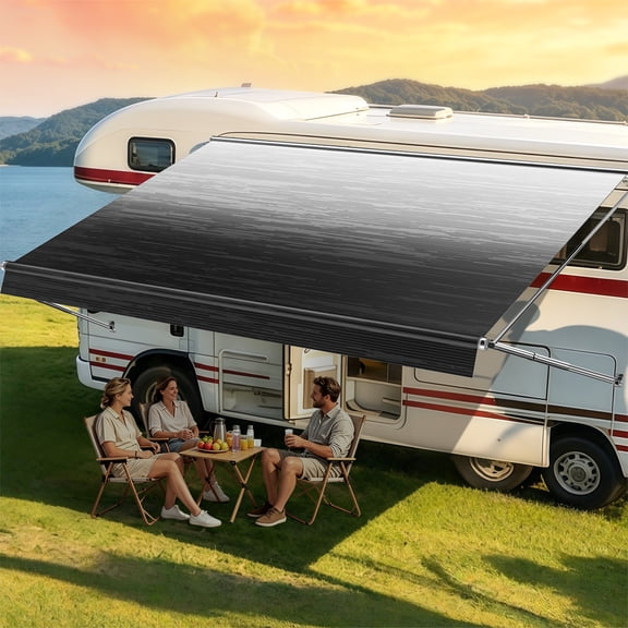 Rv Awning Fabric Replacement, 19.05oz Weatherproof Heavy Duty Anti-Fading Awning Replacement with Pull Strap, Outdoor Canopy for Camper, Trailer, Motorhome,(Black Fade, 12FT(Fabric11'2"))