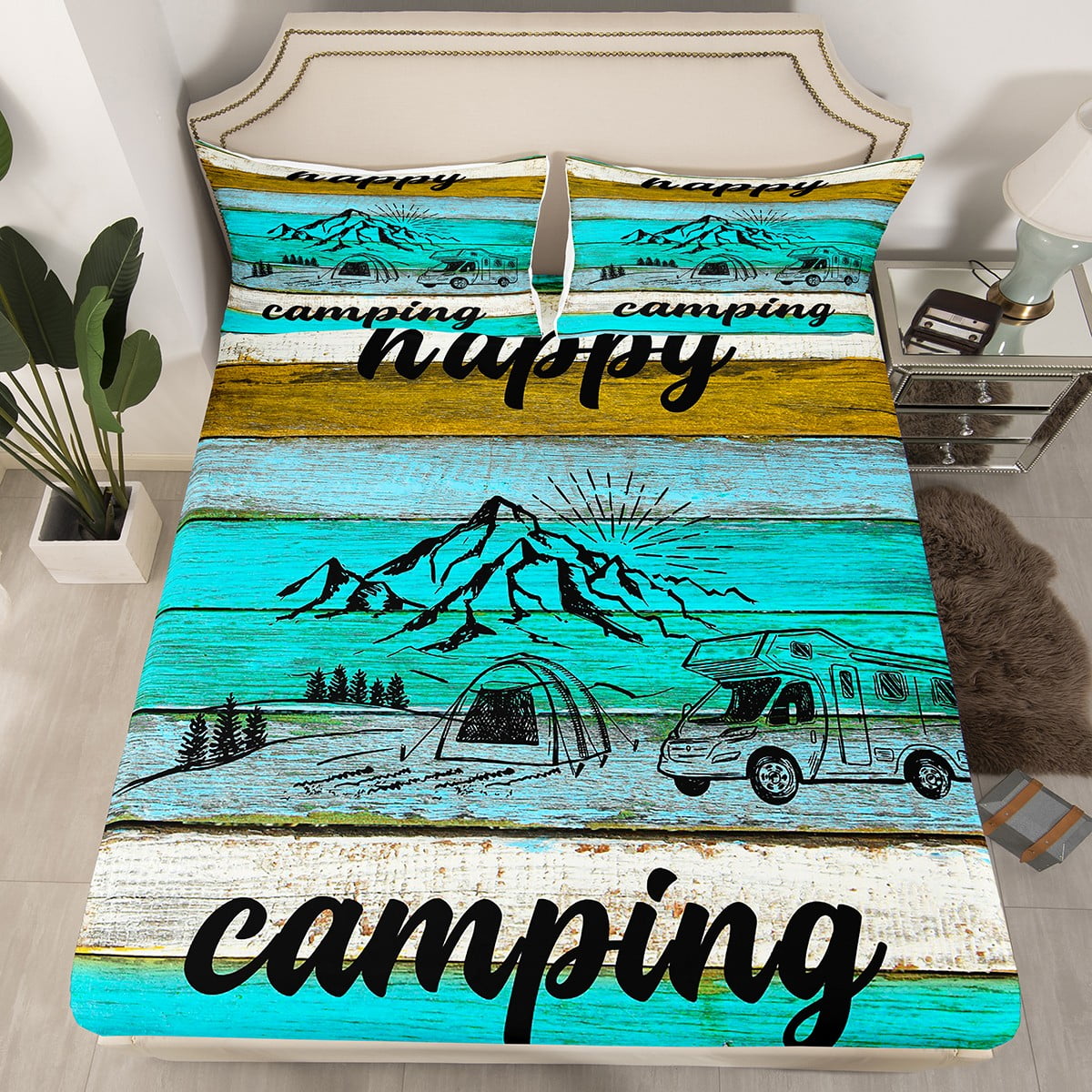 Rv Camper Bedding Set Happy Camping Bed Sheets for Kids Boys, Happy Camping Fitted Sheet Rustic