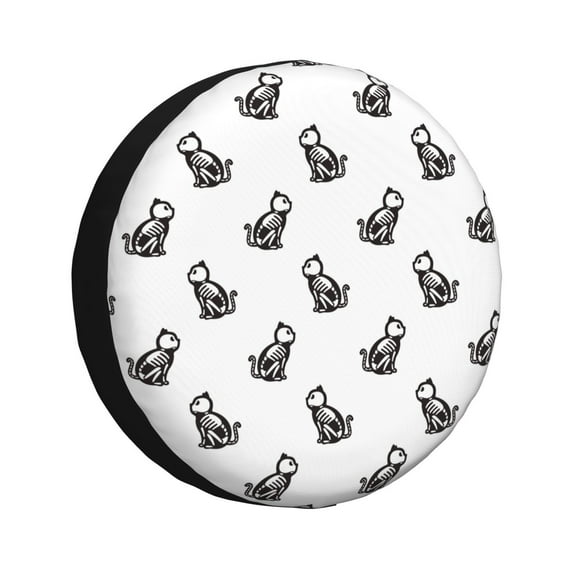 Rv Spare Tire Cover 15 inch - Black White Cartoon Cat Bones Tire Covers for Trailers, Adjustable Camper Spare Tire Cover