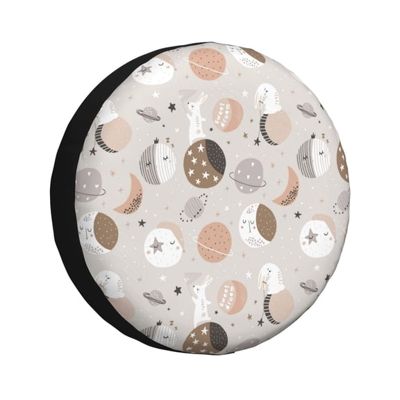 Rv Spare Tire Cover 15 inch - Bohemian Cute Rabbit Planet Moon Tire Covers for Trailers, Adjustable Camper Spare Tire Cover