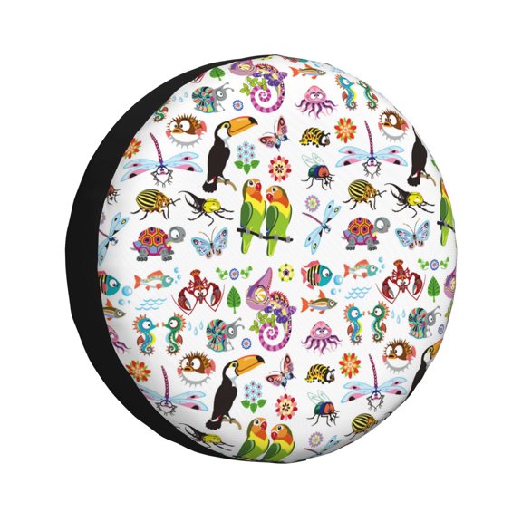 Rv Spare Tire Cover 15 inch - Cartoon Wild Animals Tire Covers for Trailers, Adjustable Camper Spare Tire Cover