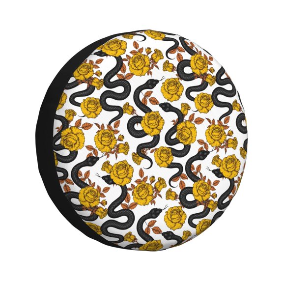 Rv Spare Tire Cover 15 inch - Elegant Snake Black Flower Gold Tire Covers for Trailers, Adjustable Camper Spare Tire Cover