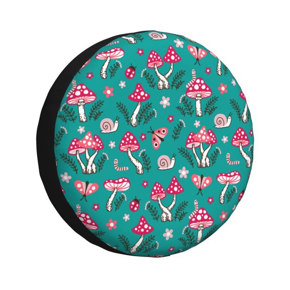 Rv Spare Tire Cover 16 inch - Red Mushroom Flower Greenery Tire Covers for Trailers, Adjustable Camper Spare Tire Cover