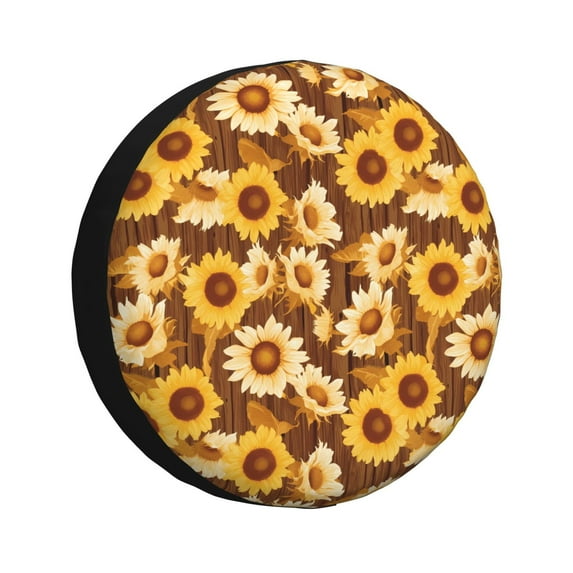 Rv Spare Tire Cover 16 inch - Vintage Wood Grain Sunflower B Tire Covers for Trailers, Adjustable Camper Spare Tire Cover