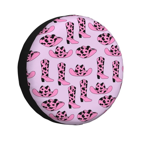 Rv Spare Tire Cover 16 inch - western cow pink cowboy boots hat Tire Covers for Trailers, Adjustable Camper Spare Tire Cover