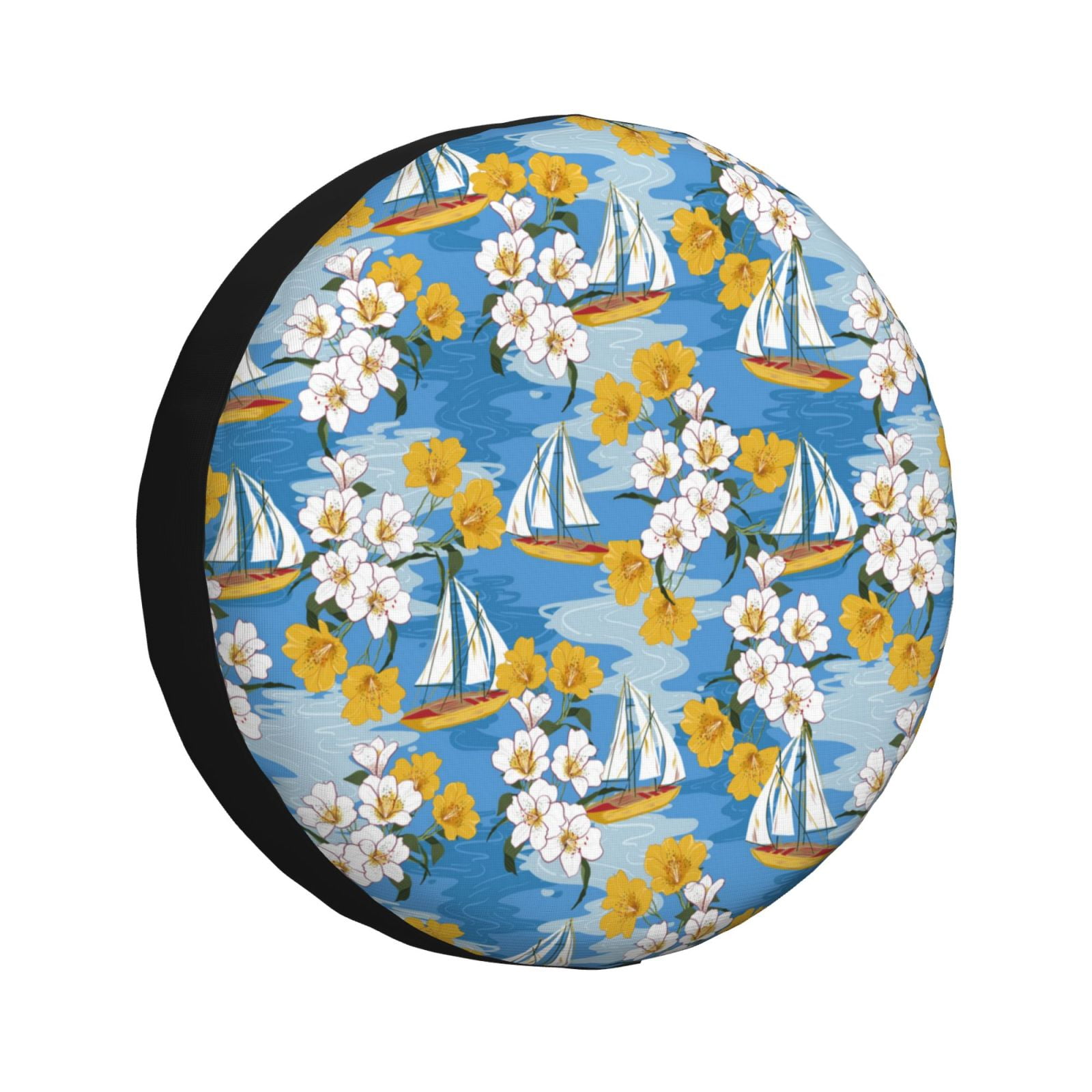 Rv Spare Tire Cover, Flower and Sail Boat Adjustable Camper Spare Tire Cover, 14 inch Tire