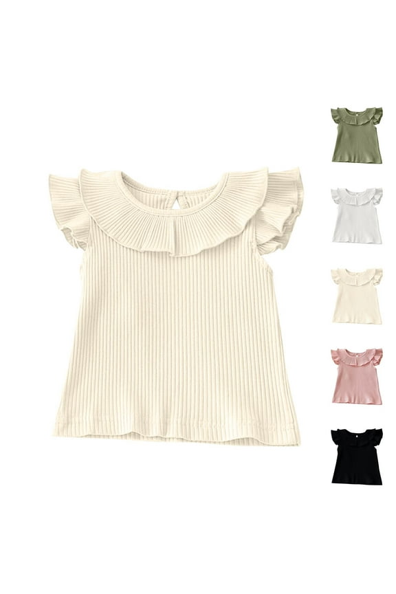 Baby Girls Solid Ribbed Flounce Sleeve Blouse Ruffle Neck Lightweight Infant Top
