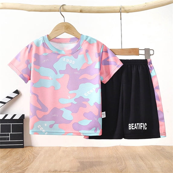 Rvasteizo Toddler Outfits for Boys Print Crew Neck Short Sleeve Top Sport Set for Toddler Boys