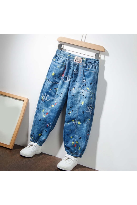 Boys Girls Denim Look Pants Elastic Waist Print Breathable Casual Outer Summer Kids Long Pants for 2-10 Years