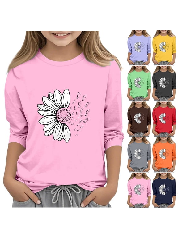 Girls Tops Base Layer Fall Winter Crewneck 3/4 Sleeve Pullover Print ,5 T