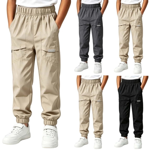 Rvasteizo Boys School Cargo Pants Fall Winter Elastic Waist Solid Casual Loose Cutting with Pocket 9 Years