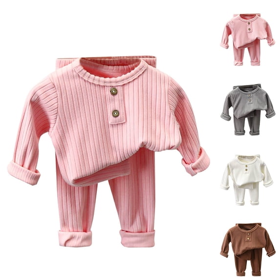 Rvasteizo Toddler Loungewear Solid Ribbed Long Sleeve Top Pants Thin Sleepwear Set for 1-12 Years