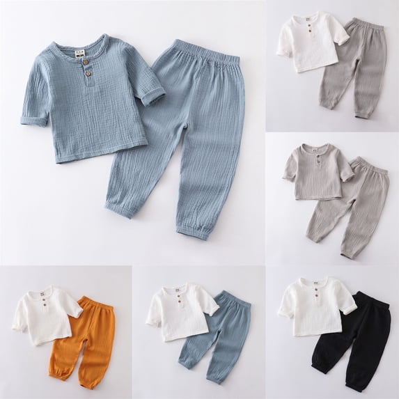 Rvasteizo Toddler Summer Outfits Solid Cotton Gauze Top Cuffed Pants Elastic Waist Daily Set for 9 Months to 5 Years