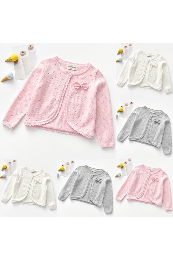 Girls Basic Jacket Bow Eyelet Button Crew Neck Long Sleeve Open Front Outerwear
