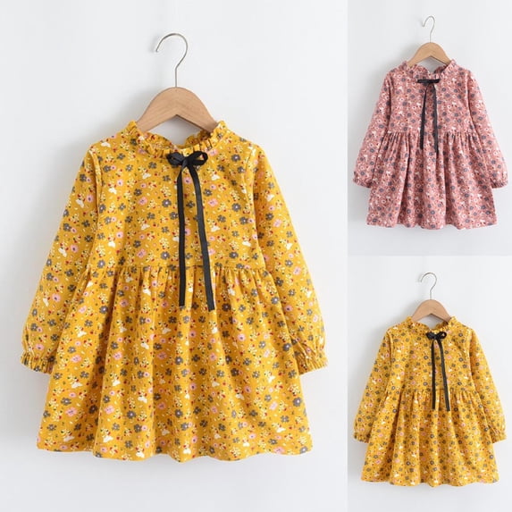 Rvasteizo Girls Classic Dress Floral Print Ruched Long Sleeve Style for 2-14Years