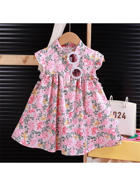 Toddler Dresses Print Sleeveless Round Neck Floral Princess Dress Classic Cut Daily Style for Kids Summer Wear