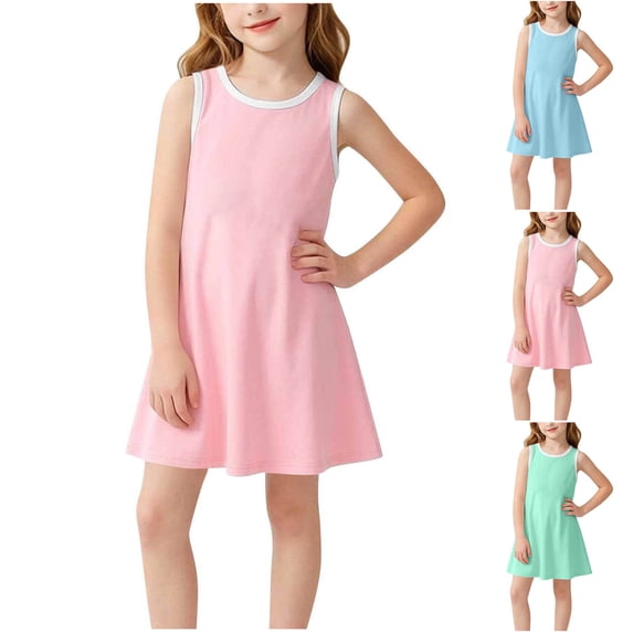 Rvasteizo Girls Classic Dress Solid Color Round Neck Sleeveless Casual Dress for 2-8 Years