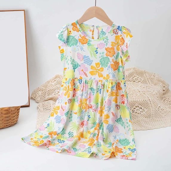 Rvasteizo Toddler Dress Print Flounce Sleeve Lovely Comfyable Fabric Summer Wear