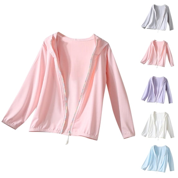 Rvasteizo Girls Jacket Solid Ice Silk Sun Protection Light Zip Hooded Long Sleeve Sun Coat for 2 to 16Years