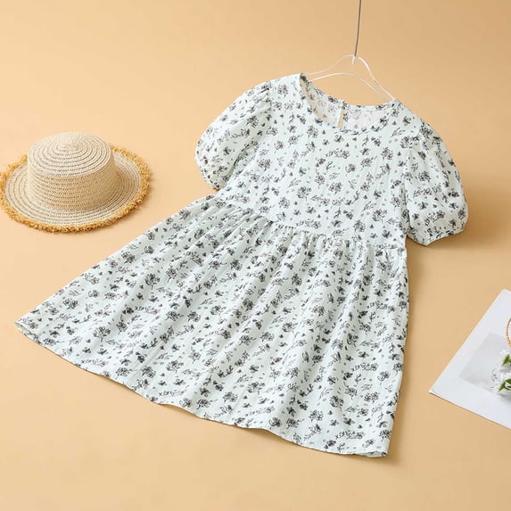 Rvasteizo Dresses for Girls Solid with Mini Floral Print Puff Sleeve Round Neck Casual Dress for 3-15Years