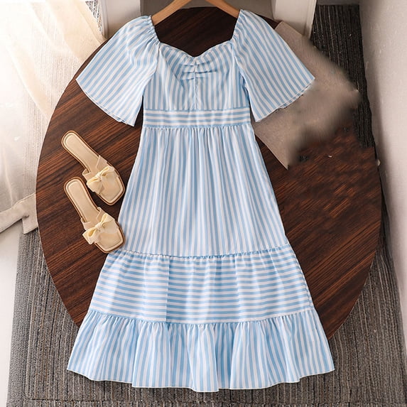 Rvasteizo Girls Classic Stripe Elastic Short Sleeve Long Dress for 8-12Years