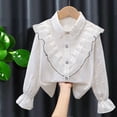 thumbnail image 1 of Rvasteizo toddler Button Down Shirt Solid Lapel Long Sleeve Elegant Lace Hem Soft Oversized Blouse for Girls 3 to 14Years, 1 of 3