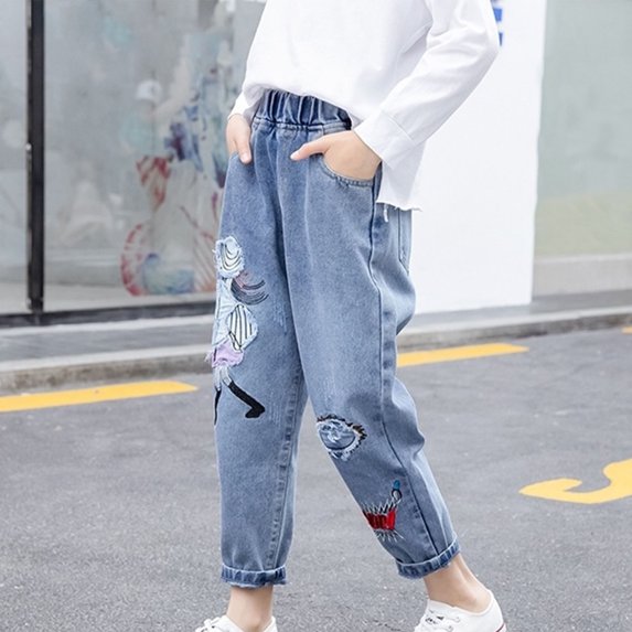 Rvasteizo Jeans for Girls Fall Winter Elastic Waist with Pockets Denim Trousers 3-14Y,10T
